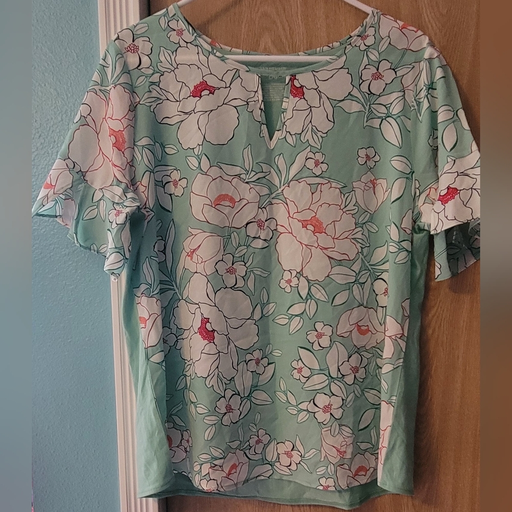 Van Heusen Mint Floral Keyhole Ruffle Sleeve Top